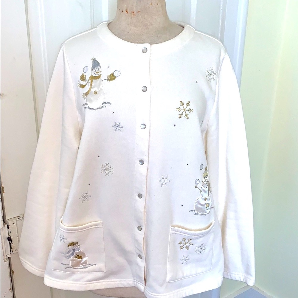 Breckenridge Snowman Snowflake Pearl Snap Holiday Christmas Fleece Cardigan 2X